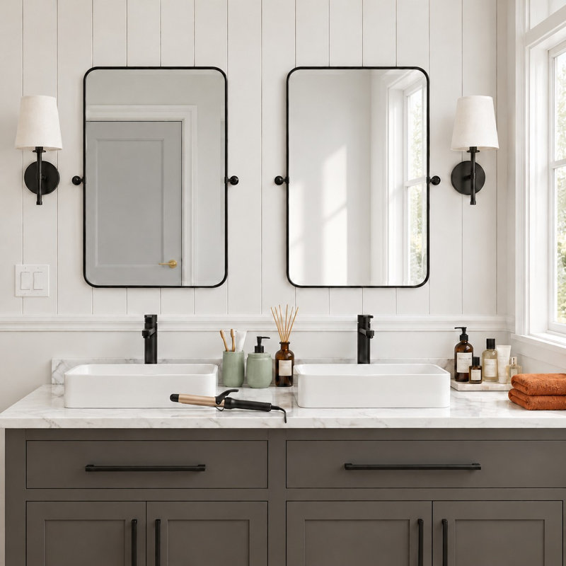 Rectangle Metal Framed Pivot Wall Mirror Bathroom Mirror Dresser Mirror, 91×61 cm, 80×58 cm, 80cm x 58cm, Black