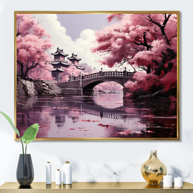 Art japonais, fleur de cerisier rose, pont, Japon, H 34 po x l 44 po x P 1,5 po, Cadre flottant doré