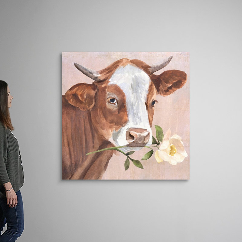 Peony Cow II, art mural sur toile, H 48 po x l 48 po x P 1 po, Toile tendue