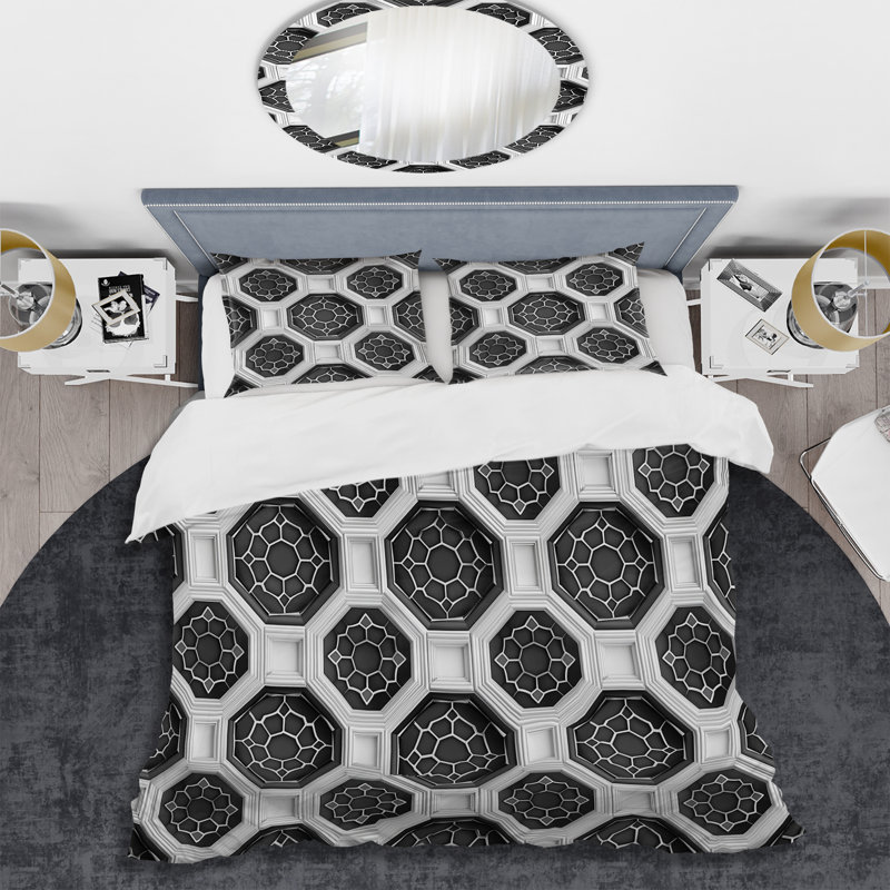 Ensemble de housse de couette moderne noir et blanc Modern Hexagon III, Housse de couette simple et deux taies décorative