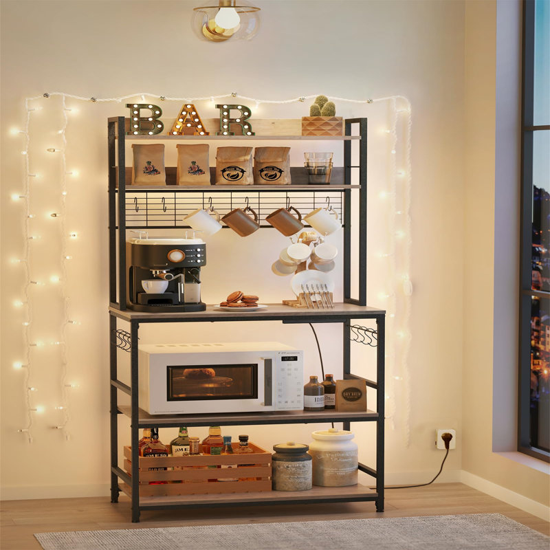 Kitchen Storage Rack With Power Outlet, Coffee Bar, Baker's Rack, With Metal Wire Panel,For Microwave, Steel Frame