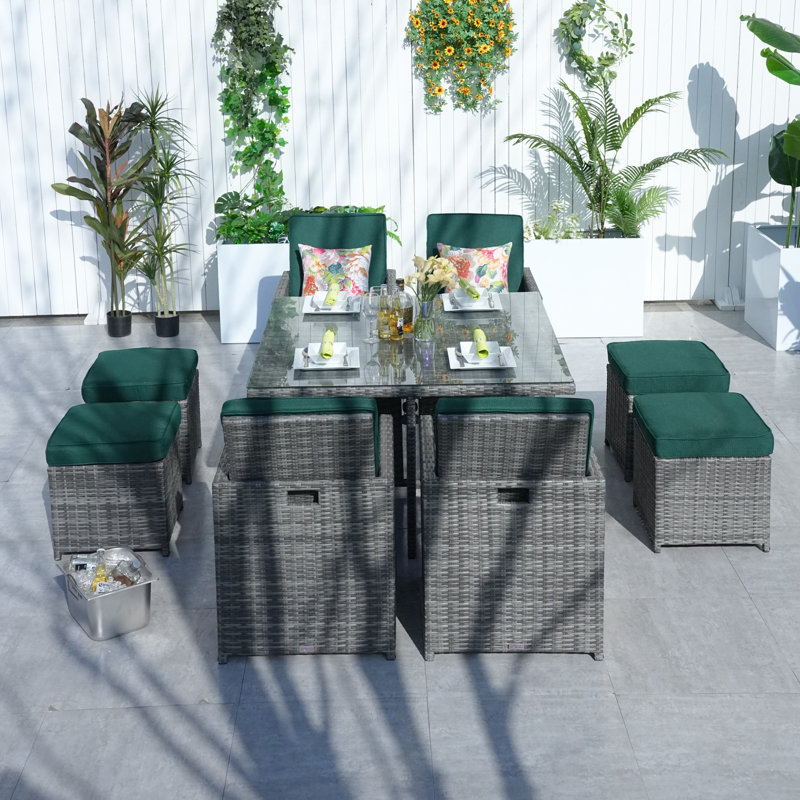 8 - Person Wicker Patio Dining Set with Square Table , Cushions Included, Gray, Atrovirens
