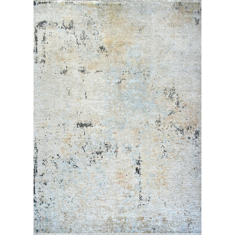 High-Quality Hand-Knotted Light Blue And Black Area Rug, Rectangle 10' x 14'