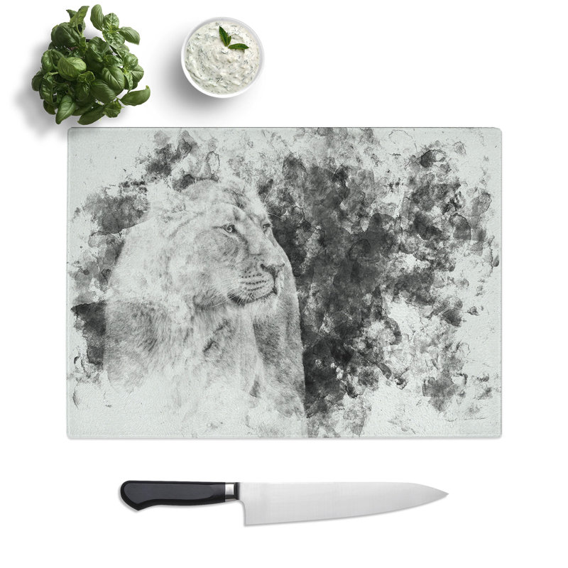 Tempered Glass Wild Lioness Watercolour Chopping Board, 28.5 cm x 39 cm