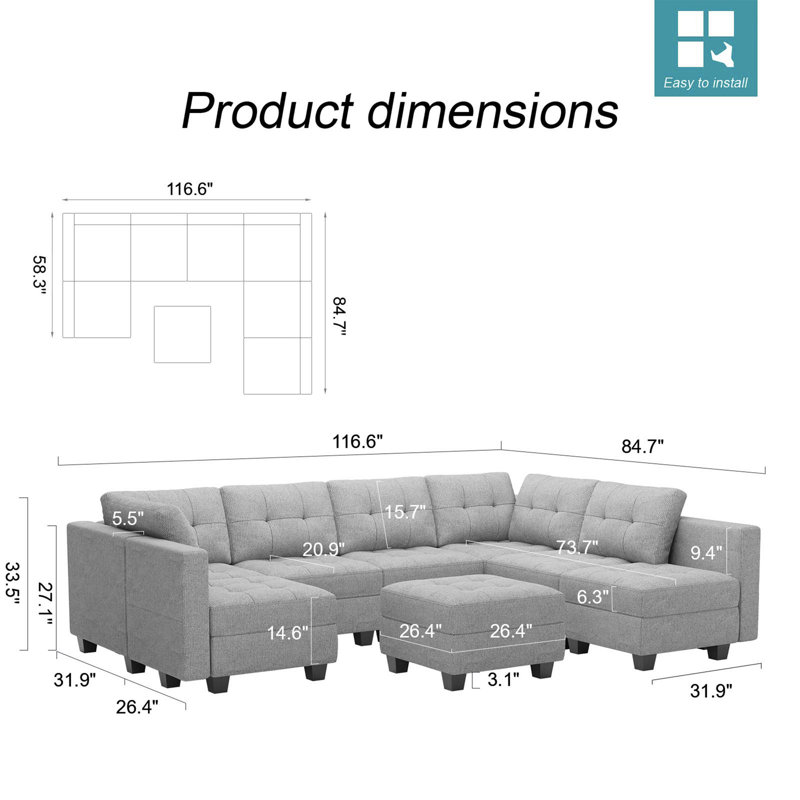 Ashbury Ivery 116.6'' U Shaped Couch Modular Polyester Blend Sectional Sofa with Cushions, Gray Polyester Blend