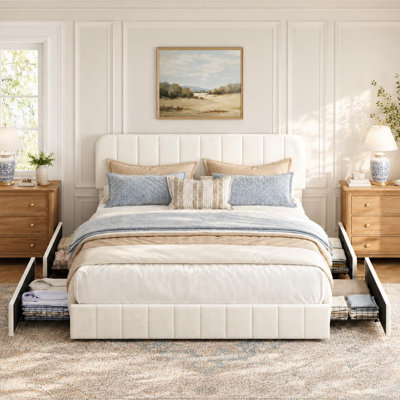 Cadre de lit en velours King Size avec 4 tiroirs et tête de lit ajustable