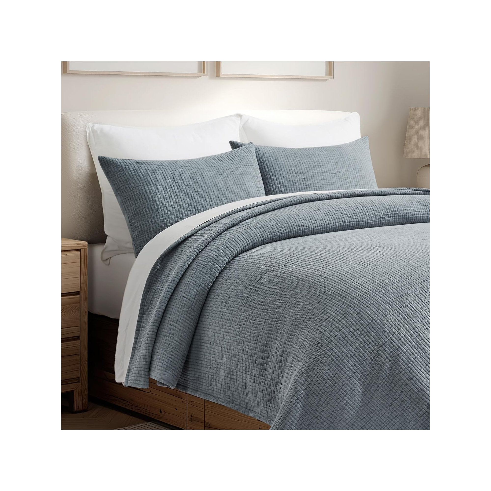 Solid Cotton Gauze Pick-stitch Matelesse Coverlet Bedspread set, King Quilt + 2 King Shams, Dusty Blue
