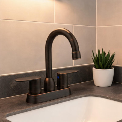 Ensemble de meuble-lavabo High-Arc à 360 degrés en bronze huilé avec commande à levier double, 4 po au centre