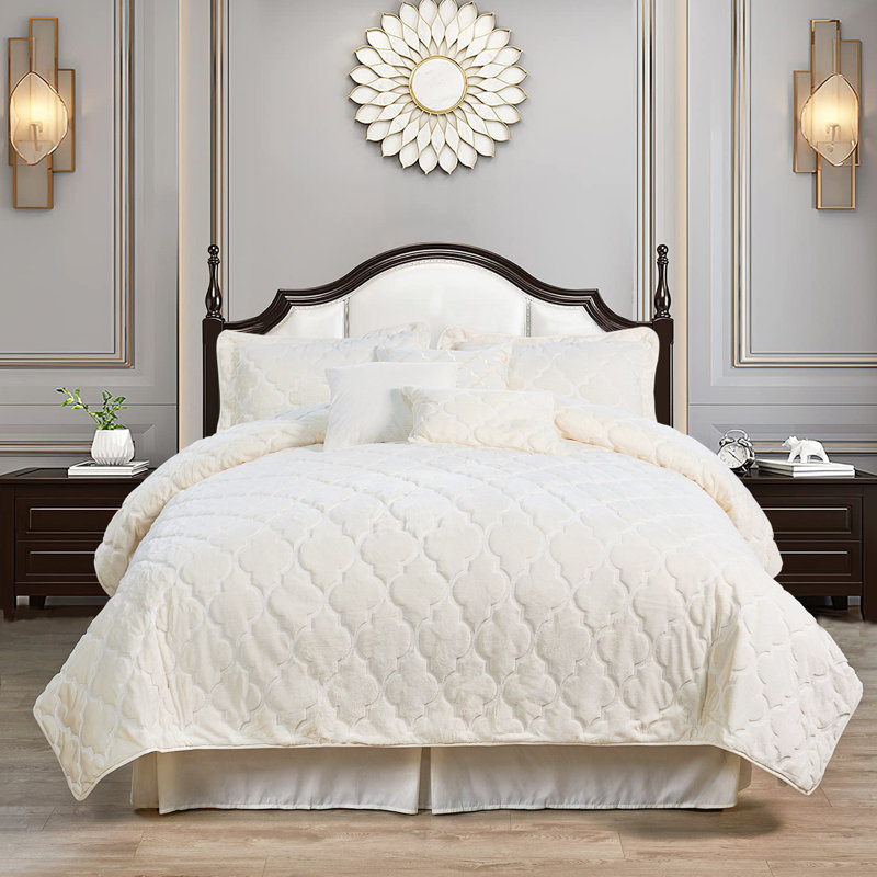 7 Piece Ogee Currey Faux Fur Embroidery Set, King Quilt, Antique White