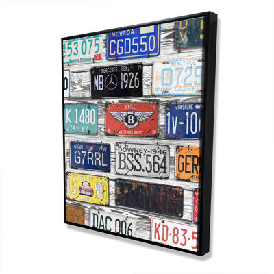 Vintage Plates Registration - Gray Industrial Framed Canvas Decor
