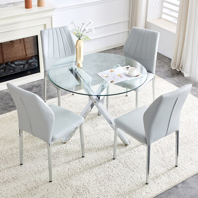 Round Dining Table Set For 4,  Glass Dining Room Table Set, 5-Piece Kitchen Table And Chairs Set, For Living Room, Small Space (Include 4 Gray Chairs)