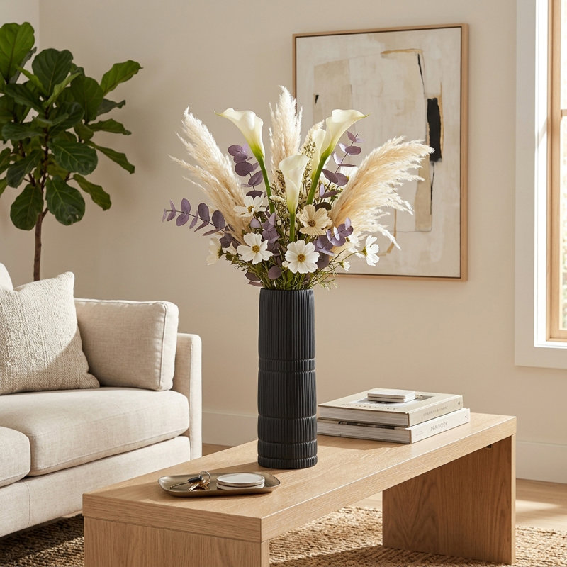 Rachael Modern Neutral Ceramic Vase, 15" H x 5" W x 5" D, Black