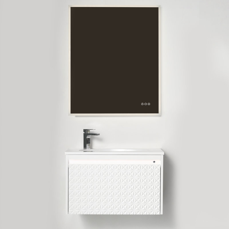 Meuble-lavabo flottant 30 po avec lavabo - Armoire murale en bois avec lumières DEL, panneau de tiroir 3D, rangement à fermeture en douceur et cuve en acrylique