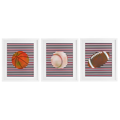 Stripes And Sports Balls 3pc Framed Print Under Glass Set, design by Marcus Prime