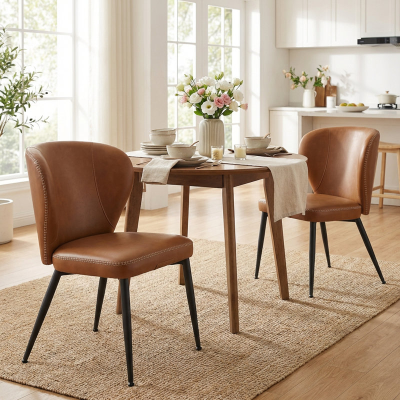 Synthetic Leather Upholstered Dining Chairs with Stitching, Cream White