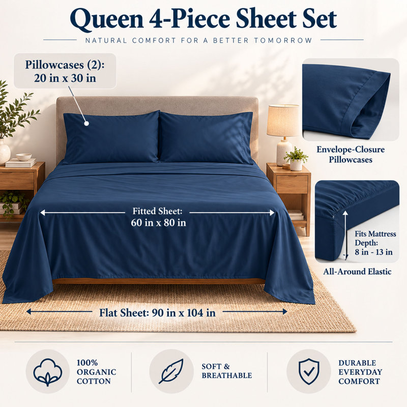Ensemble de draps en percale de coton biologique grand avec drap-housse à poches profondes, bleu marine, 4 pièces