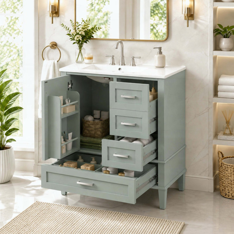 Meuble-lavabo de salle de bain de 30 pouces avec lavabo en céramique, Light Green, 30"W