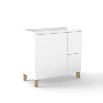 Meuble-lavabo moderne, armoire avec 2 portes et 2 grands tiroirs, système Clost doux, conception sans poignée, pieds en bois massif naturel, seulement Cabiney, à utiliser avec un lavabo en céramique de 36 pouces