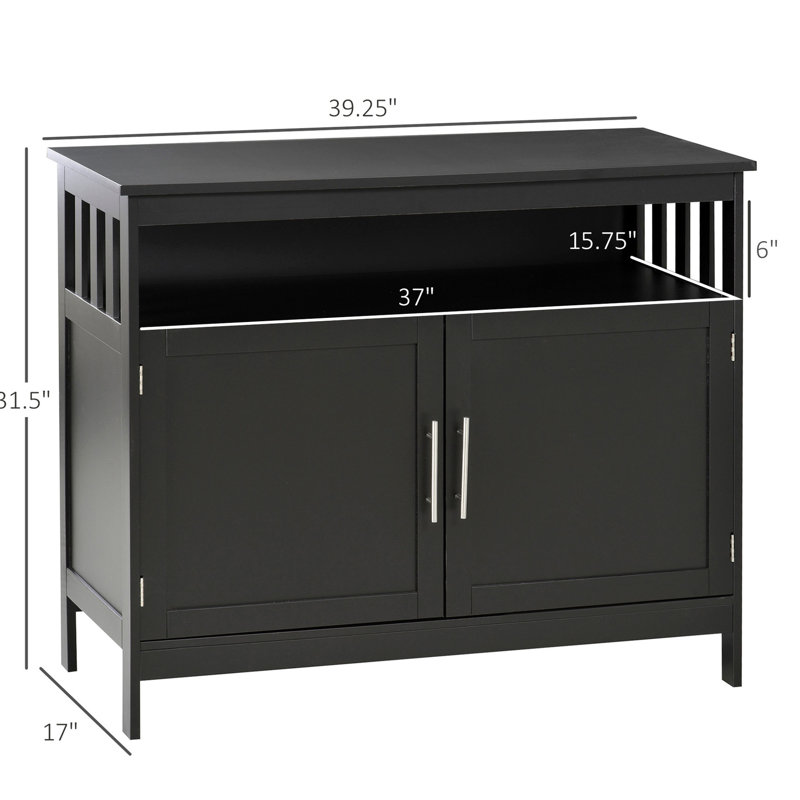 Buffet noir avec grand espace de rangement et tablette réglable dans un compartiment ouvert à 2 niveaux