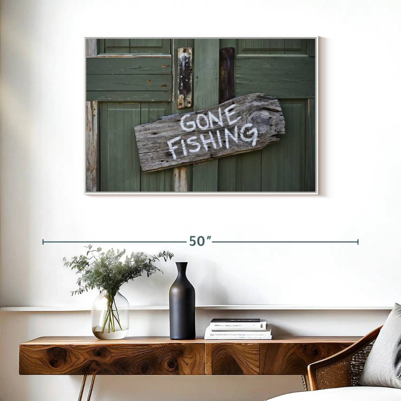 Panneau de pêche rustique, 37 po x 25 po, Cadre flottant blanc