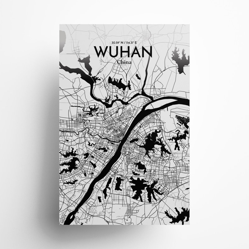 Carte de la ville de Whan, impression, H 17 po x l 11 po, Noir et blanc