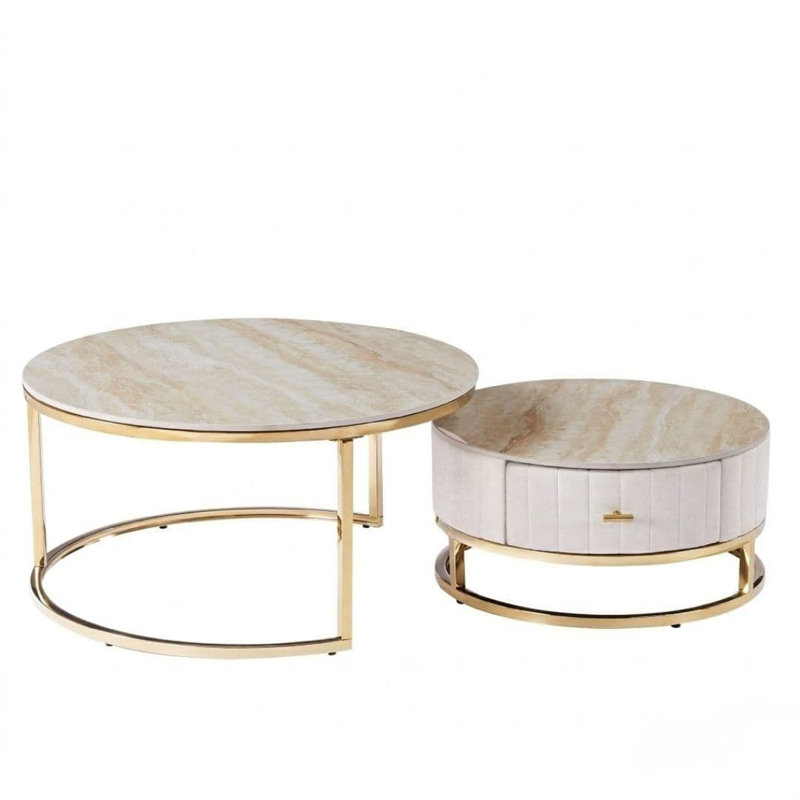 Living Room Table Set, Cream Top/Gold Base