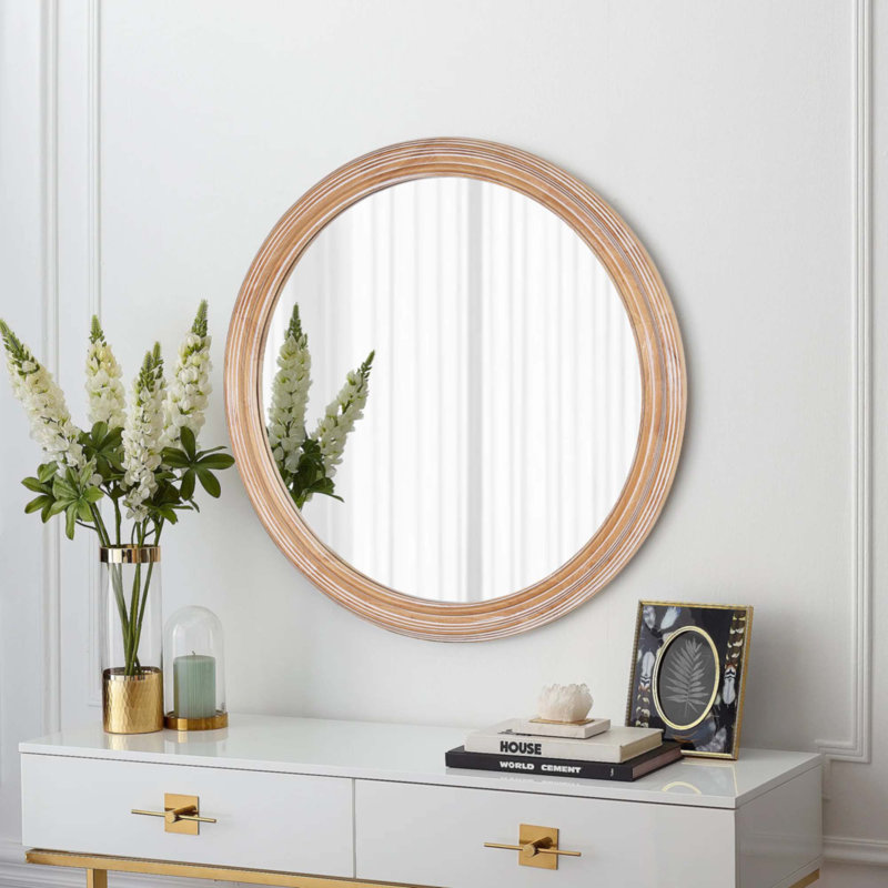 Miroir mural rond avec cadre en bois, Bois naturel