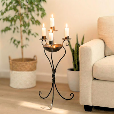 35" Tall Victorian Gothic Wrought Iron Floor Candelabra Candle Holder