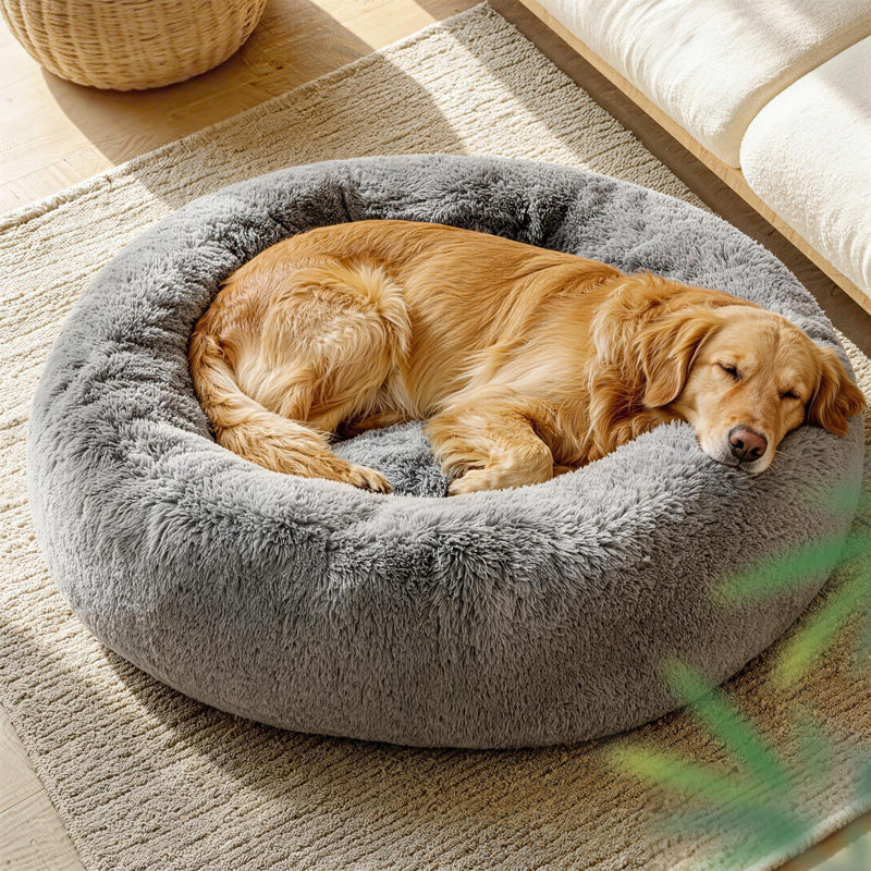 Calming Dog Bed For Home, Anti-anxiety Round Donut Cuddle Pet Beds, Dog Beds With Plush Faux Fur,Washable,Warm Dog bed, Grey