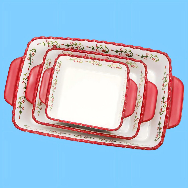Rectangular Ceramic Baking Dishes, 3 Pack (Red)