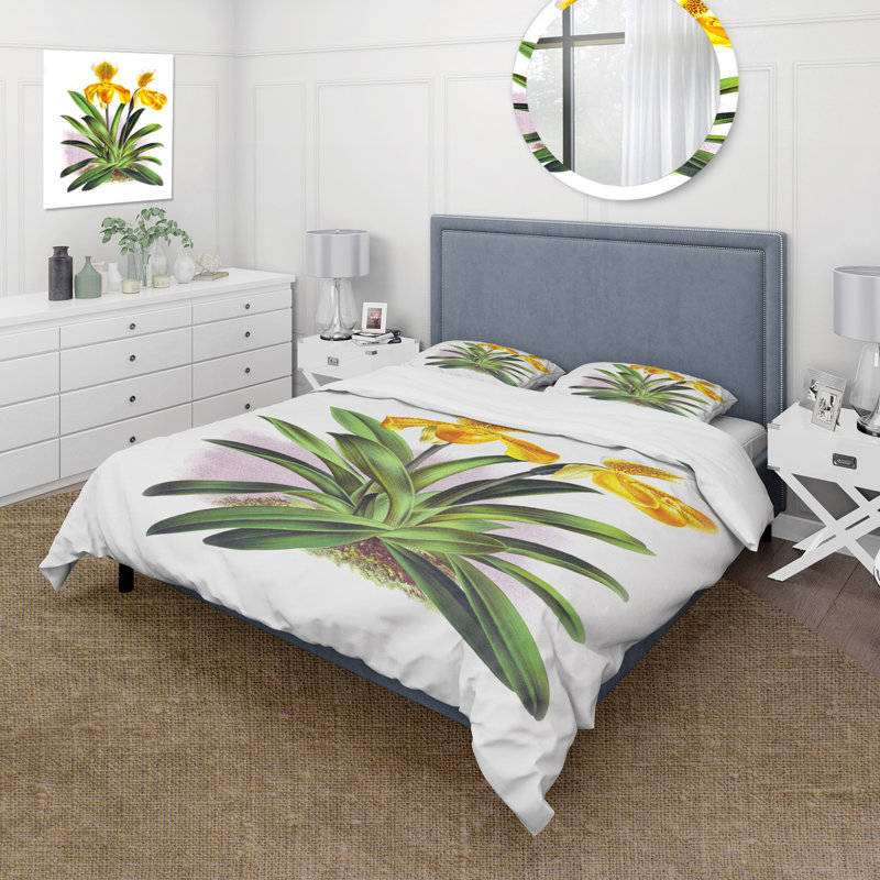 Orchidée jaune rétro - ensemble de housse de couette traditionnel - microfibre de polyester