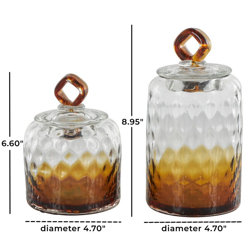 Nelligan Glass Faceted Ombre Geometric Decorative Jars with Diamond Knobs Set, Orange