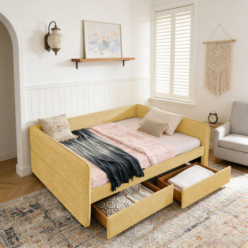 Boucle Fabric Daybed, Queen, Yellow-2 Drawers