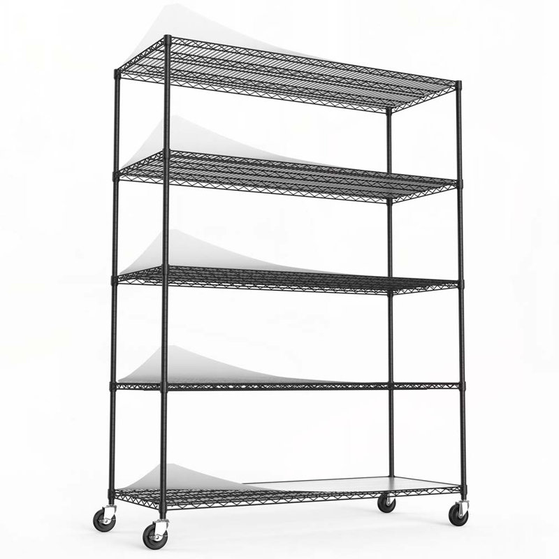 Étagère en métal à 5 niveaux avec tablettes de rangement robustes à 5 niveaux avec roues et doublures de tablette - H 82 po x L 60 po x P 24 po - Noir