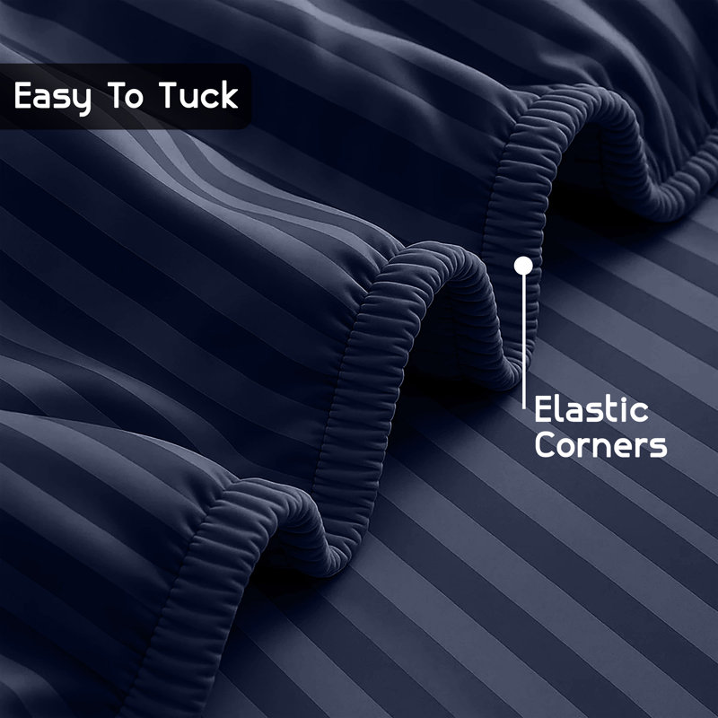 Luxury Striped Microfiber Fitted Sheet - 40 cm Deep Pocket, Ultra-Soft, Wrinkle-Resistant & Easy Car, Kingsize (5'), Navy