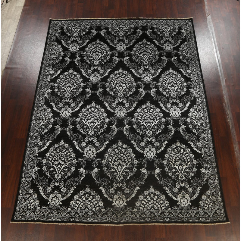 Tapis noir / blanc noué à la main de conception unique 9 pi x 12 pi 2 po New Age