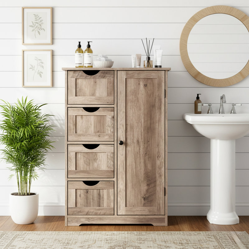 Armoire de rangement de salle de bain gris délavé avec 4 tiroirs et 1 porte, Gris délavé
