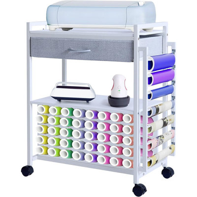 Craft Organizer and Storage Rolling Cart Compatible with Cricut Machine, Craft Storage Cart with Fabric Drawer & Hook, 47 Vinyl Roll Holder