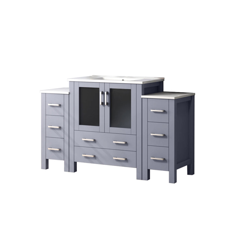 Gris foncé 54 po W Meuble-lavabo simple avec armoires latérales, comptoir en céramique blanche, structure en bois massif, conception de tiroir à fermeture douce, une armoire intérieure et 8 tiroirs pour un grand espace de rangement, une surface à gratter,