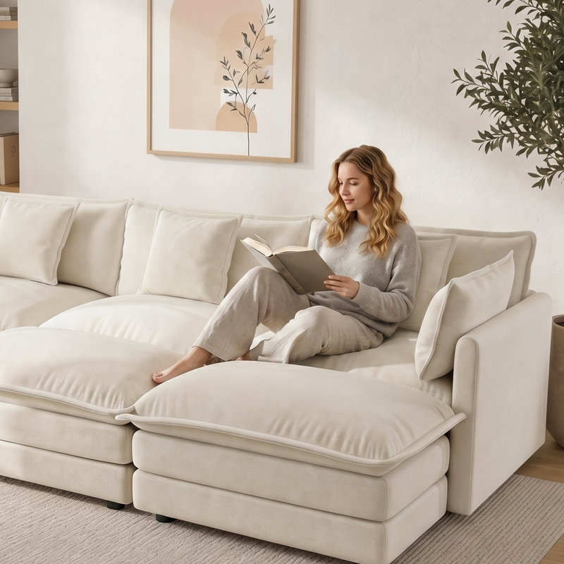 Canapé modulaire 110 po en L chenille avec repose-pieds réversible, Chenille beige