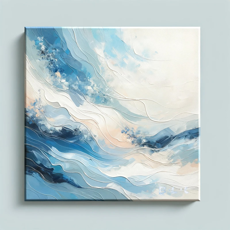 «Seascape Serenade - Elegant Blue and Peach Abstract», reproduction d'art sur toile, H 20 po x l 20 po x P 1,5 po