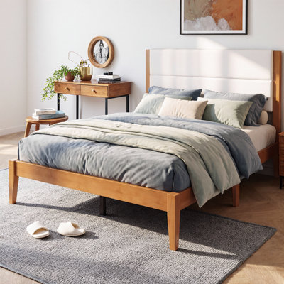 Grand lit plateforme Mid-Century moderne, tête de lit tapissier en velours avec capitonnage à boutons, pieds fuselés en bois massif, aucun sommier requis, capacité de 700 lb, assemblage facile pour la chambre à coucher