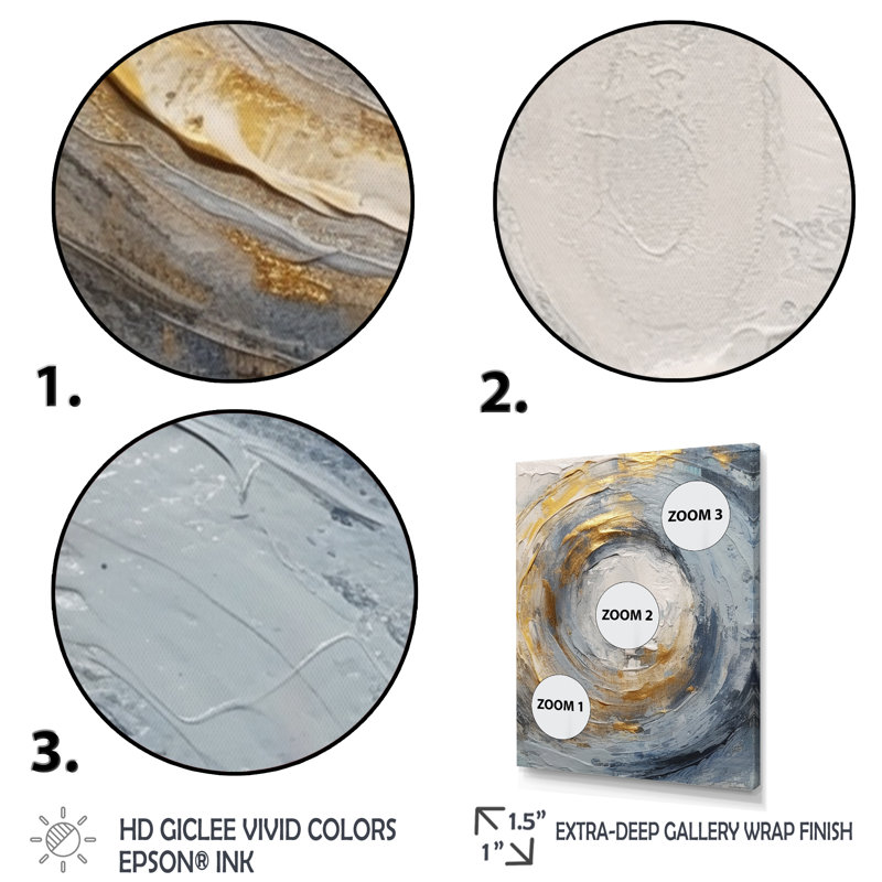«Gold and Blue Vibrant Spirals IV - Abstract Spirals», art mural encadré, H 40 po x l 30 po, Reproduction avec cadre flottant