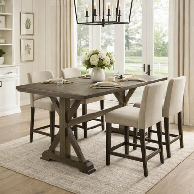 Omal Counter Height Dining Table, Khaki Brown 71 Inch Top, Trestle Base