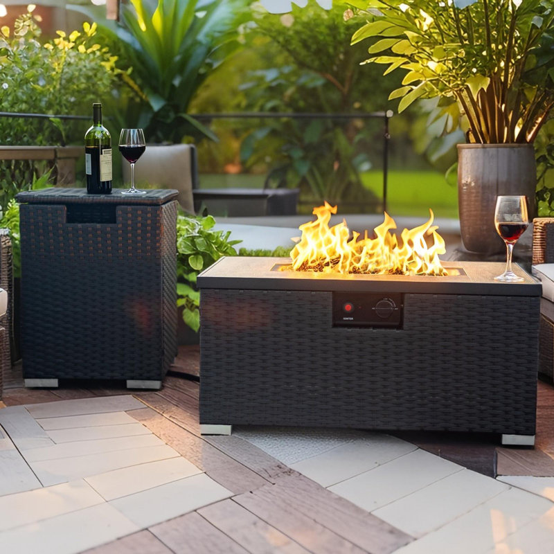 Odyssefs 15'' H x 32'' W Outdoor Propane 2-Piece Fire Pit Table Set in Wooden Texture Top with Extra Gas Tank Holder and Metal Cover Lid