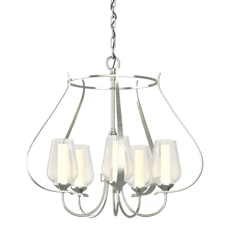 Lustre géométrique à 5 lumières Flora, Opale et verre bullé, Sterling
