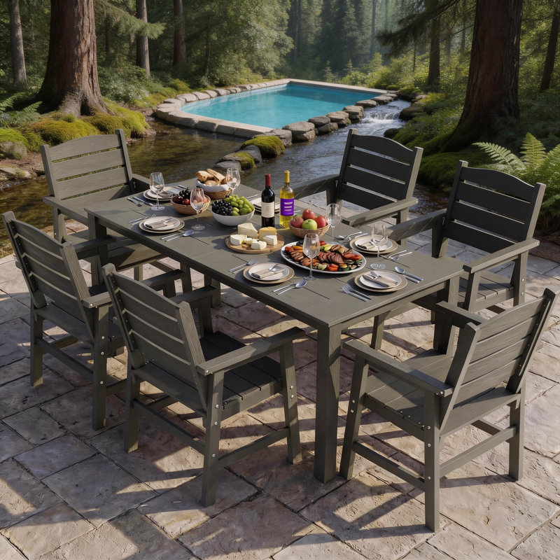 Ensemble de salle à manger d'extérieur toutes saisons 7 pièces, ensemble de salle à manger d'extérieur avec trou pour parasol et structure en aluminium Ensemble de salle à manger d'extérieur moderne pour 6 personnes pour cour arrière / porche / terrasse, 1 table, 6 chaises, gris