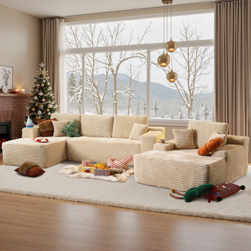Aucun assemblage requis 3 pièces Canapé modulaire rembourré à compression avec chaise longue Cloud, Velours côtelé beige