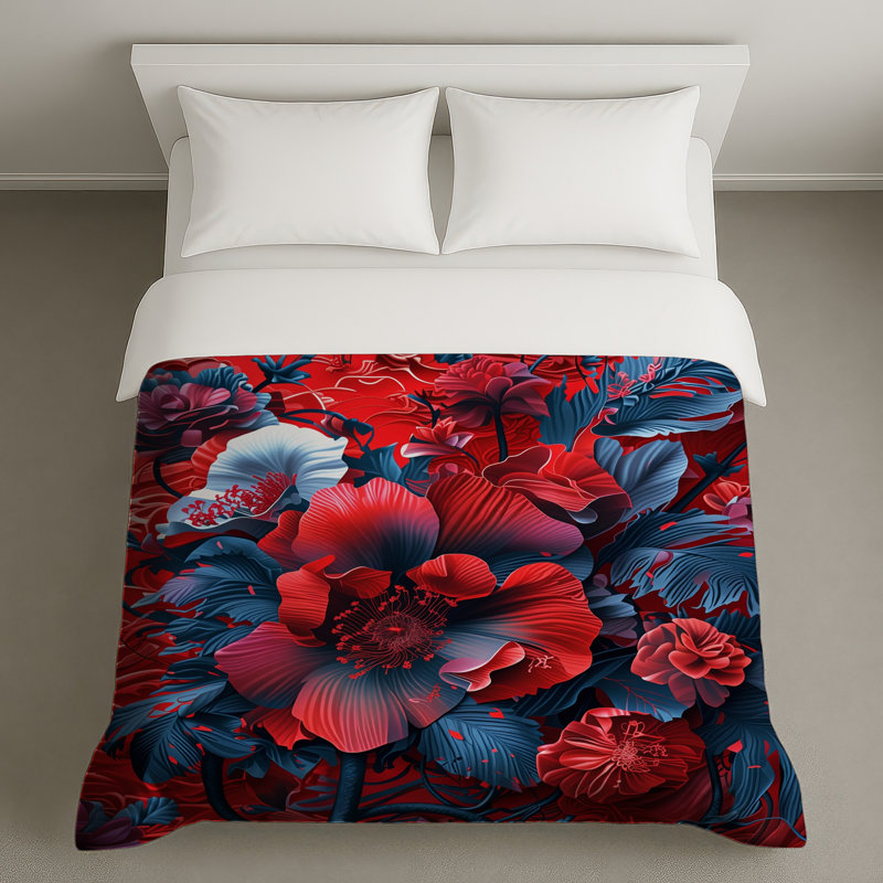 Housses de couette à composition florale rouge et bleue, Grand lit