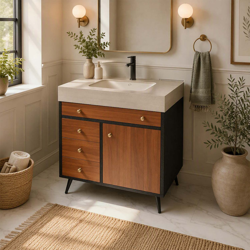 Meuble-lavabo moderne sur pied avec lavabo en céramique et comptoir en pierre frittée résistante, grand espace de rangement et installation facile